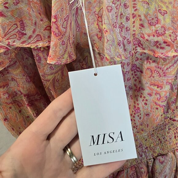 NWT MISA Dress Pink/Yellow Size S Off The Shoulder Smocked Waist - Picture 5 of 10